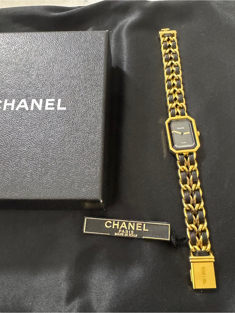 CHANEL Gold and Black Chain-Link Leather-Woven Watch